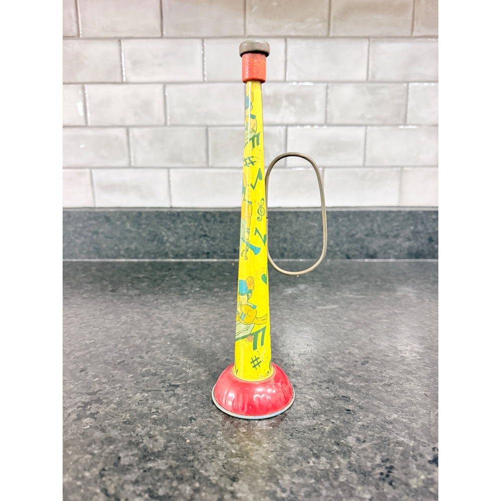 Vintage T. Cohn Inc Tin Litho Toy Trumpet Horn Marching Band Yellow Display USA